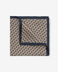 Pocket Square Carlo Pozzi Pure Silk Light Tan twill with White & Navy Blue Abstract Zigzag Design & Navy Blue Edges