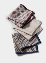 Pocket Square Carlo Pozzi Pure Silk White Twill with Mixed Red Diamond Circle Design and Autumn Red Edges