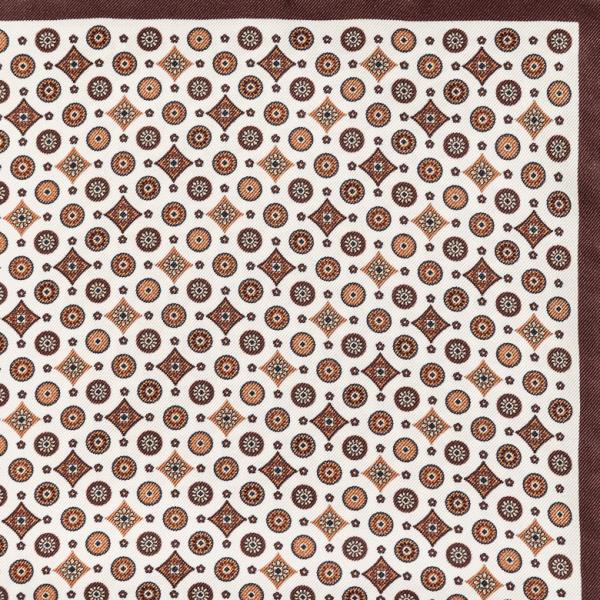 Pocket Square Carlo Pozzi Pure Silk White Twill with Mixed Red Diamond Circle Design and Autumn Red Edges