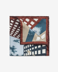 Pocket Square Carlo Pozzi Pure Silk Sky Blue Twill with Beige & Red Abstract Skyscrapers and Wine Red Edges