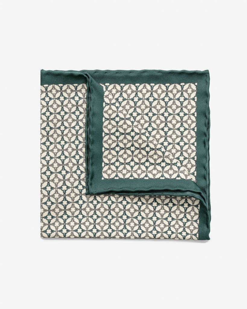 Pocket Square Carlo Pozzi Pure Silk Off White Twill with Petrol Chain Design and Dusty Green Edge