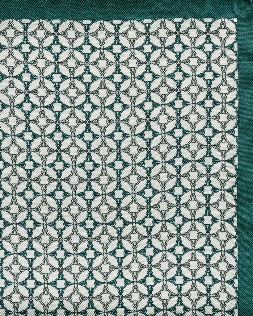 Pocket Square Carlo Pozzi Pure Silk Off White Twill with Petrol Chain Design and Dusty Green Edge
