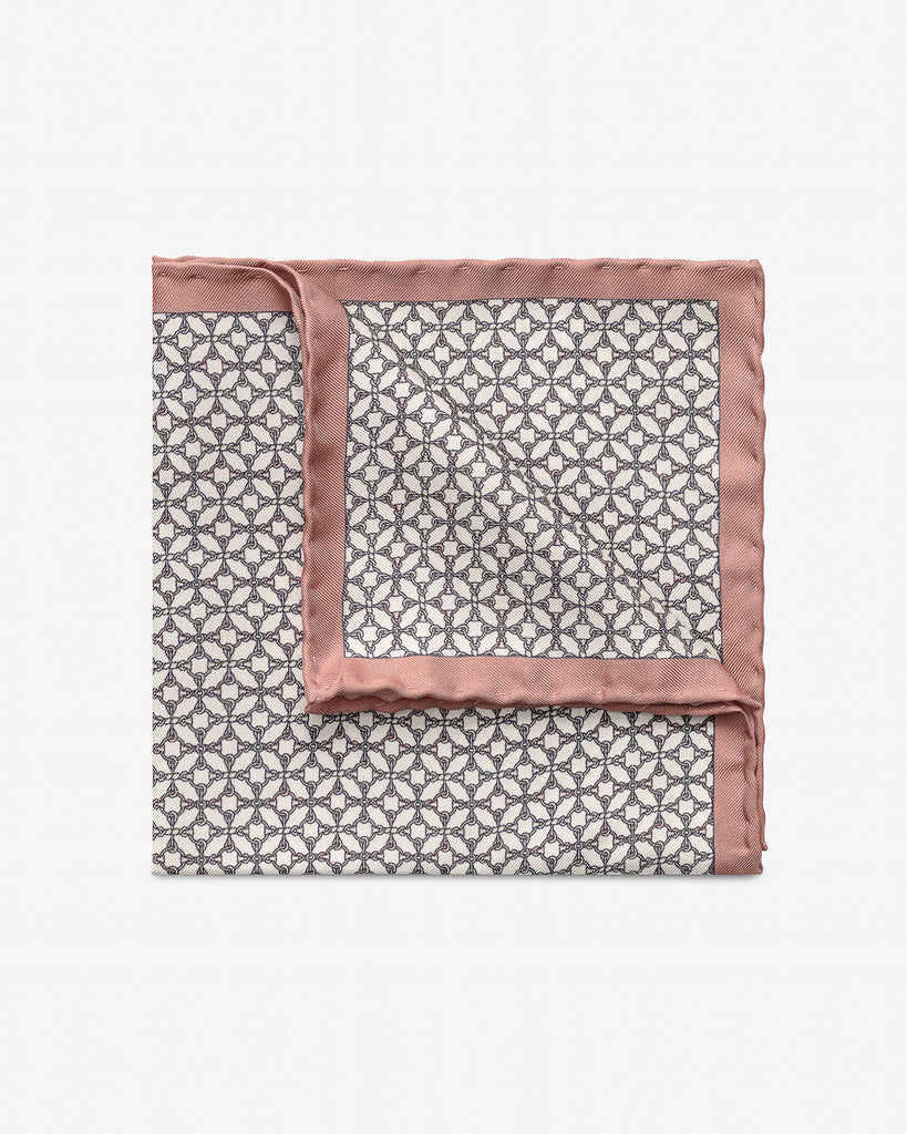 Pocket Square Carlo Pozzi Pure Silk Off White Twill with Blush Chain Design and Dusty Pink Edge