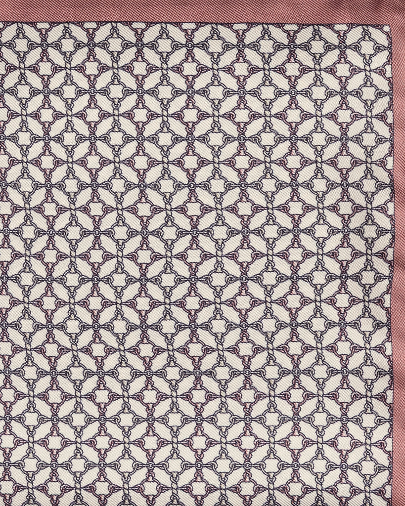 Pocket Square Carlo Pozzi Pure Silk Off White Twill with Blush Chain Design and Dusty Pink Edge