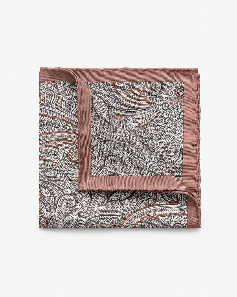 Pocket Square Carlo Pozzi Pure Silk Mixed Pink Twill with Blush Paisley and Dusty Pink Edge
