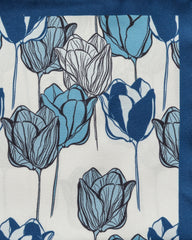 Pocket Square Carlo Pozzi Pure Silk Off White Twill with Mixed Blue Tulips and Neapolitan Blue edge