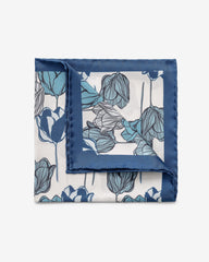 Pocket Square Carlo Pozzi Pure Silk Off White Twill with Mixed Blue Tulips and Neapolitan Blue edge