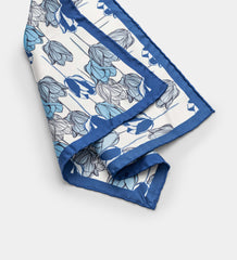Pocket Square Carlo Pozzi Pure Silk Off White Twill with Mixed Blue Tulips and Neapolitan Blue edge