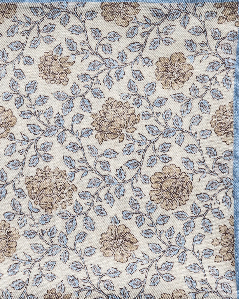 Pocket Square Pure Silk Ivory Twill with Beige & Blue Floral Print and Sky Blue Edge