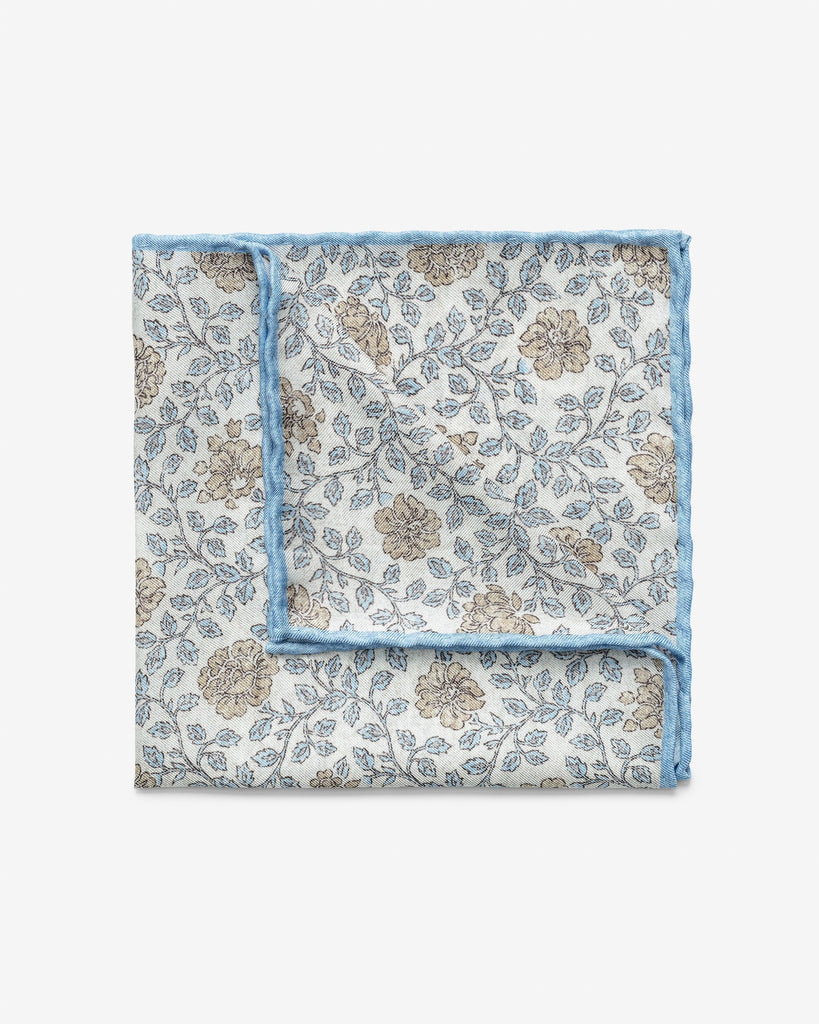 Pocket Square Pure Silk Ivory Twill with Beige & Blue Floral Print and Sky Blue Edge