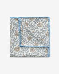 Pocket Square Pure Silk Ivory Twill with Beige & Blue Floral Print and Sky Blue Edge