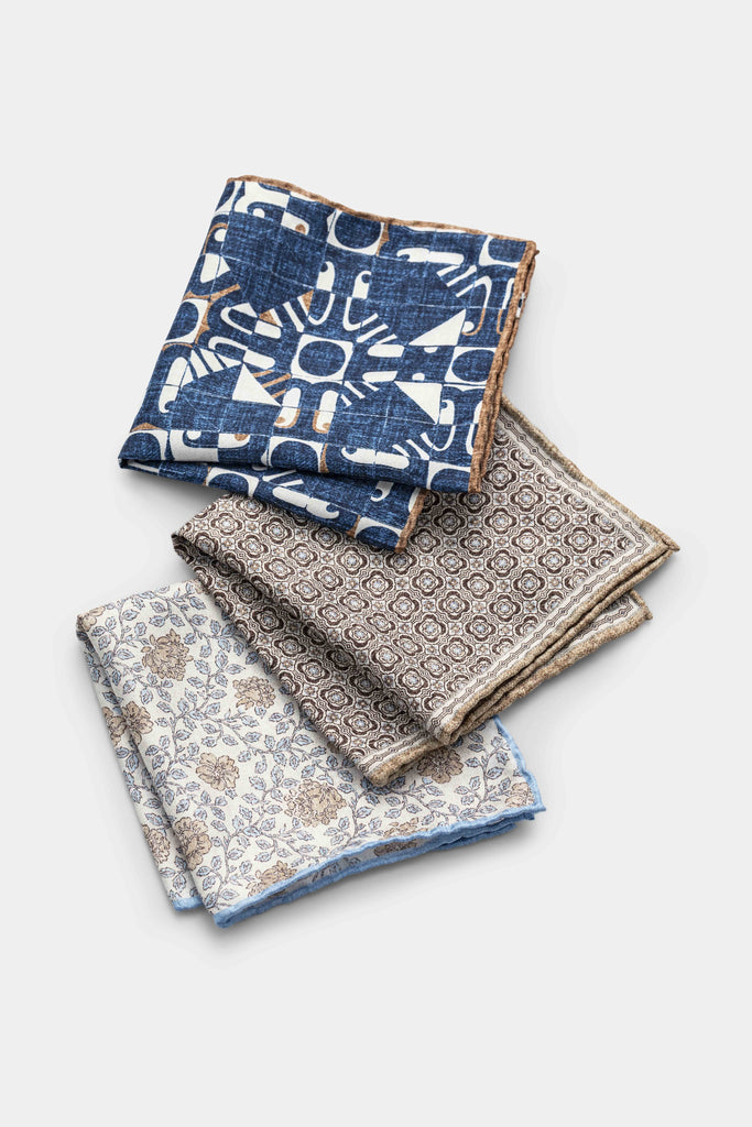 Pocket Square Pure Silk Ivory Twill with Beige & Blue Floral Print and Sky Blue Edge