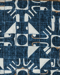 Pocket Square Pure Silk Dark Blue Twill with Ivory Abstract Design and Tan Edge