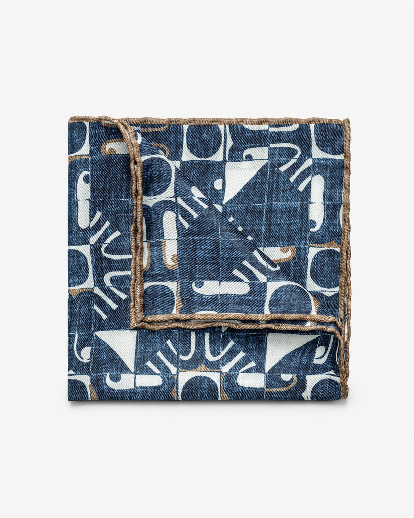 Pocket Square Pure Silk Dark Blue Twill with Ivory Abstract Design and Tan Edge