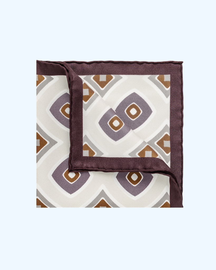 Pocket Square Carlo Pozzi Pure Silk Light Grey with Purple, Taupe & Off White Geometrical Shapes & Blackberry Edge