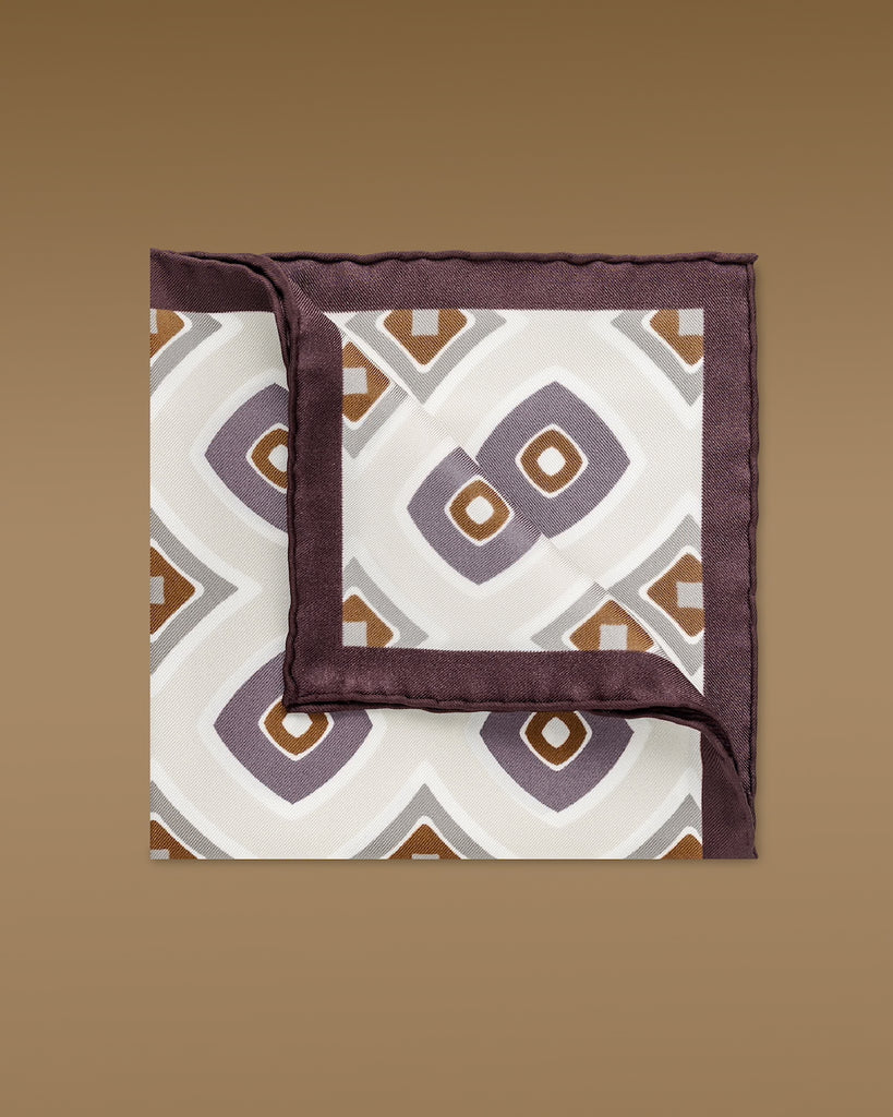 Pocket Square Carlo Pozzi Pure Silk Light Grey with Purple, Taupe & Off White Geometrical Shapes & Blackberry Edge