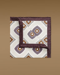 Pocket Square Carlo Pozzi Pure Silk Light Grey with Purple, Taupe & Off White Geometrical Shapes & Blackberry Edge