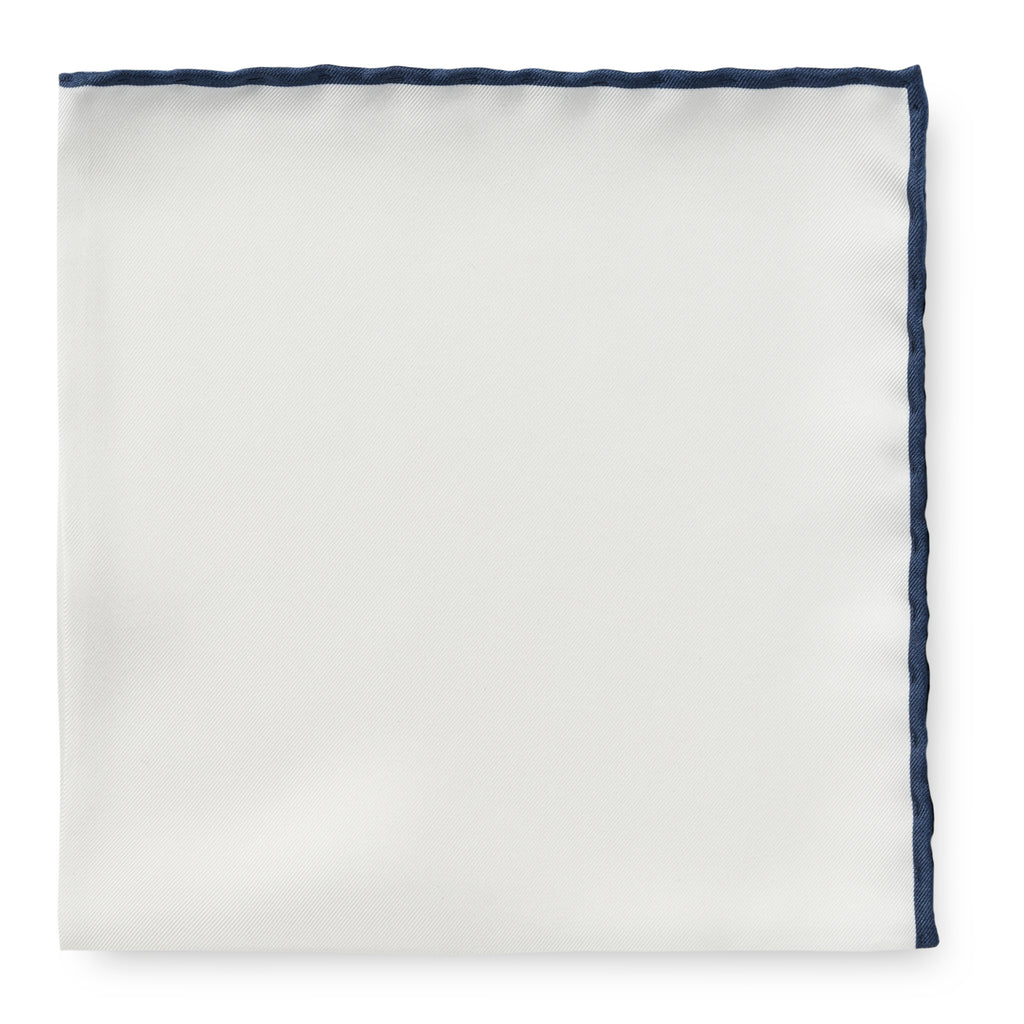Pocket Square Pure Silk White with Navy Edge