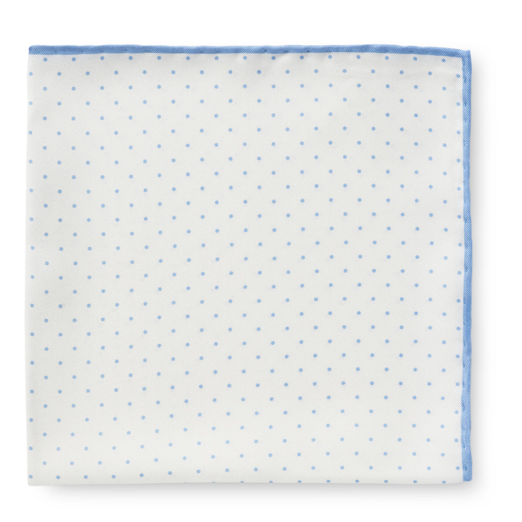 Pocket Square Pure Silk White with Light Blue Polka Dot and Light Blue Edge