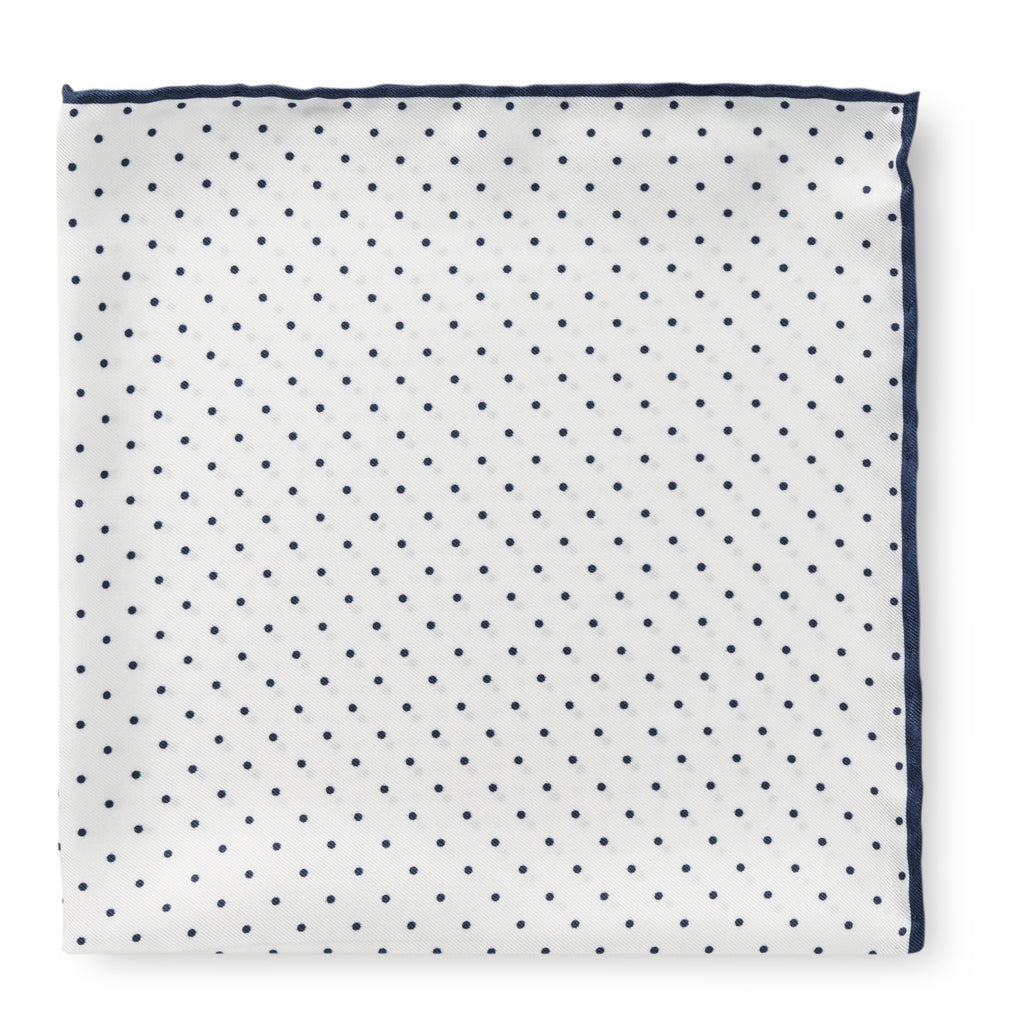 Pocket Square Pure Silk White with Navy Polka Dot and Navy Edge