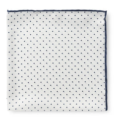 Pocket Square Pure Silk White with Navy Polka Dot and Navy Edge