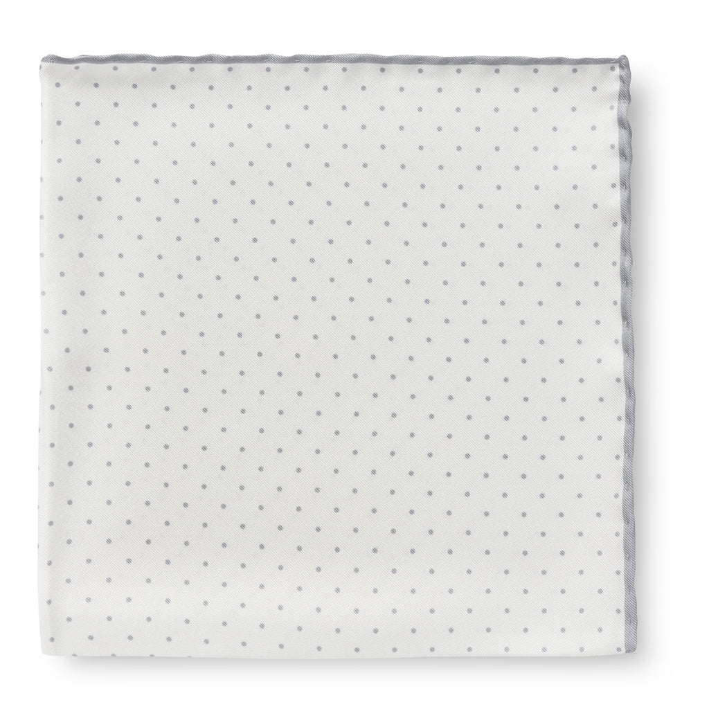 Pocket Square Pure Silk White with Light Grey Dot and Light Grey Edge