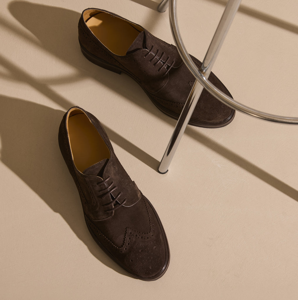 Contemporary Round Derby with Brogue Suede Dark Brown