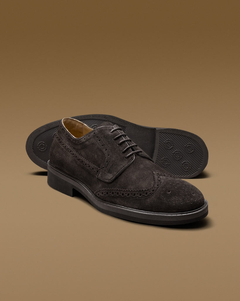 Contemporary Round Derby with Brogue Suede Dark Brown