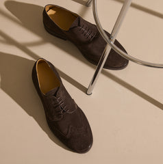 Contemporary Round Derby with Brogue Suede Dark Brown