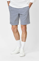 Subalpino Blue & White Striped Stretch Cotton Seersucker Bermuda Shorts