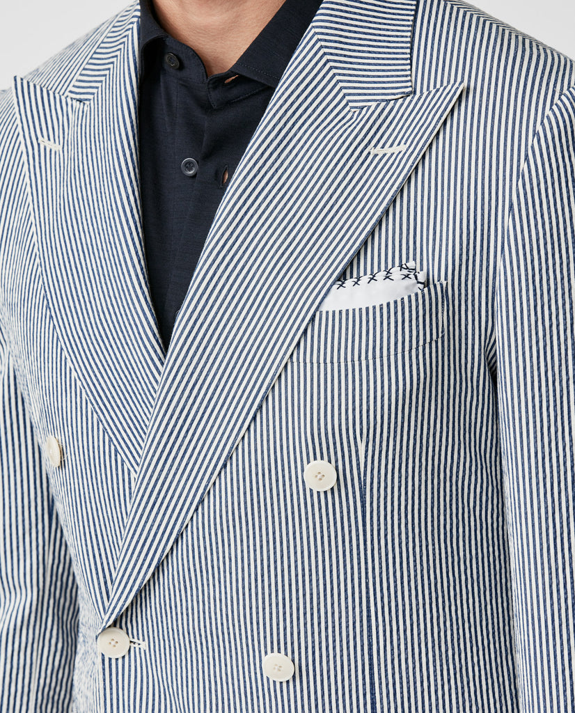Subalpino Blue & White Striped Stretch Cotton Seersucker