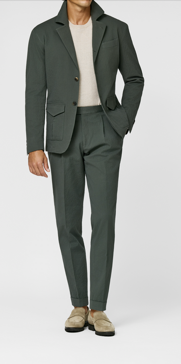 Subalpino Army Green Stretch Cotton Seersucker