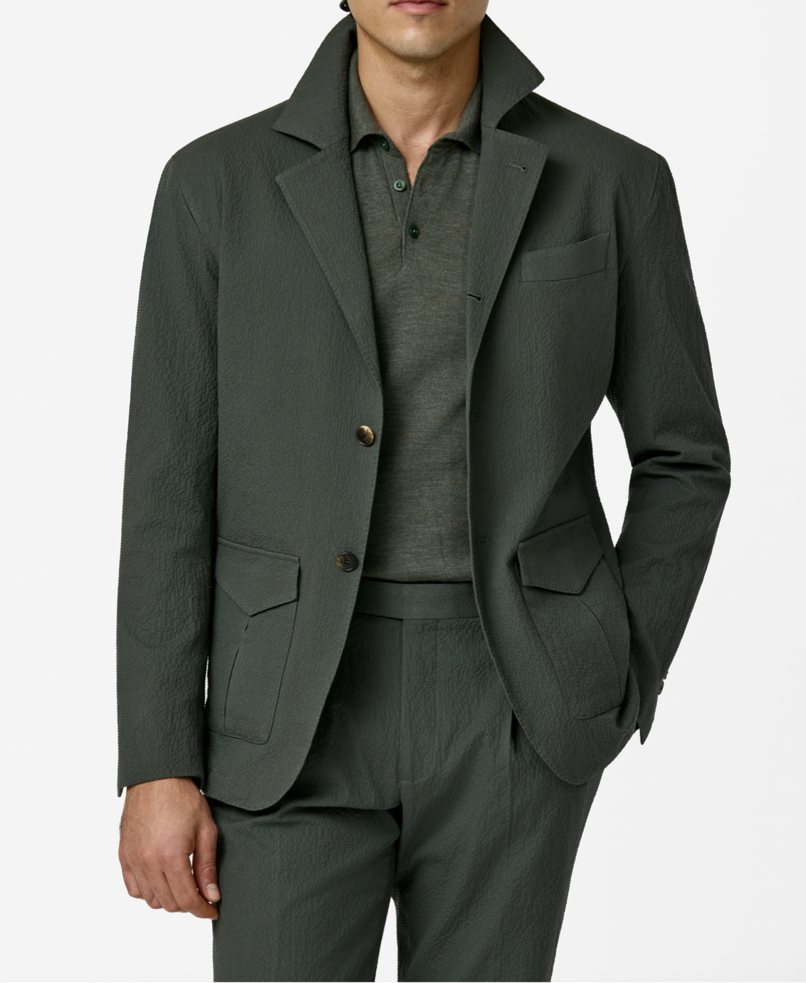 Subalpino Army Green Stretch Cotton Seersucker