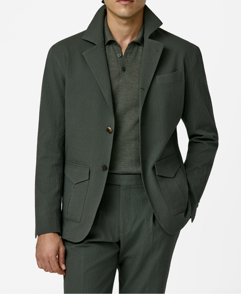 Subalpino Army Green Stretch Cotton Seersucker
