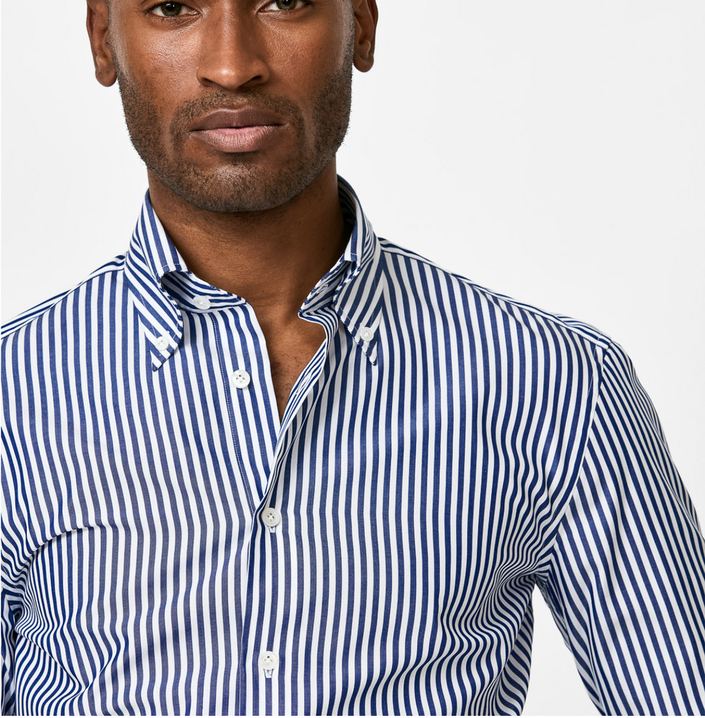 Albini Denim Blue Bengal Stripe Poplin Cotton 365 Easy Care Cotton