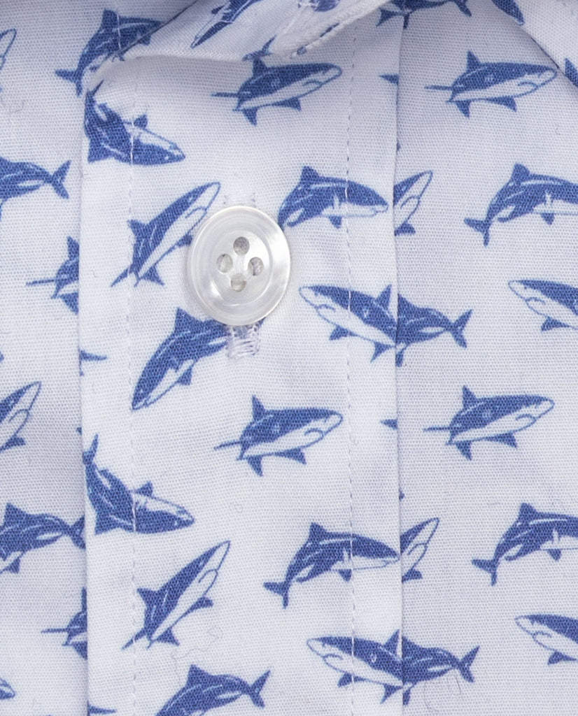 Testa White with Blue Sharks Organic Egyptian Cotton Poplin