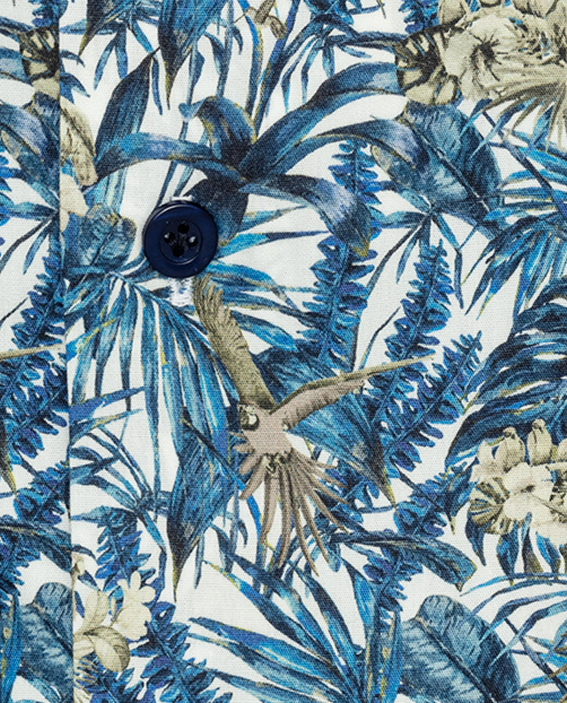 Testa Blue Tropical Leaves And Birds Organic Egyptian Cotton Poplin