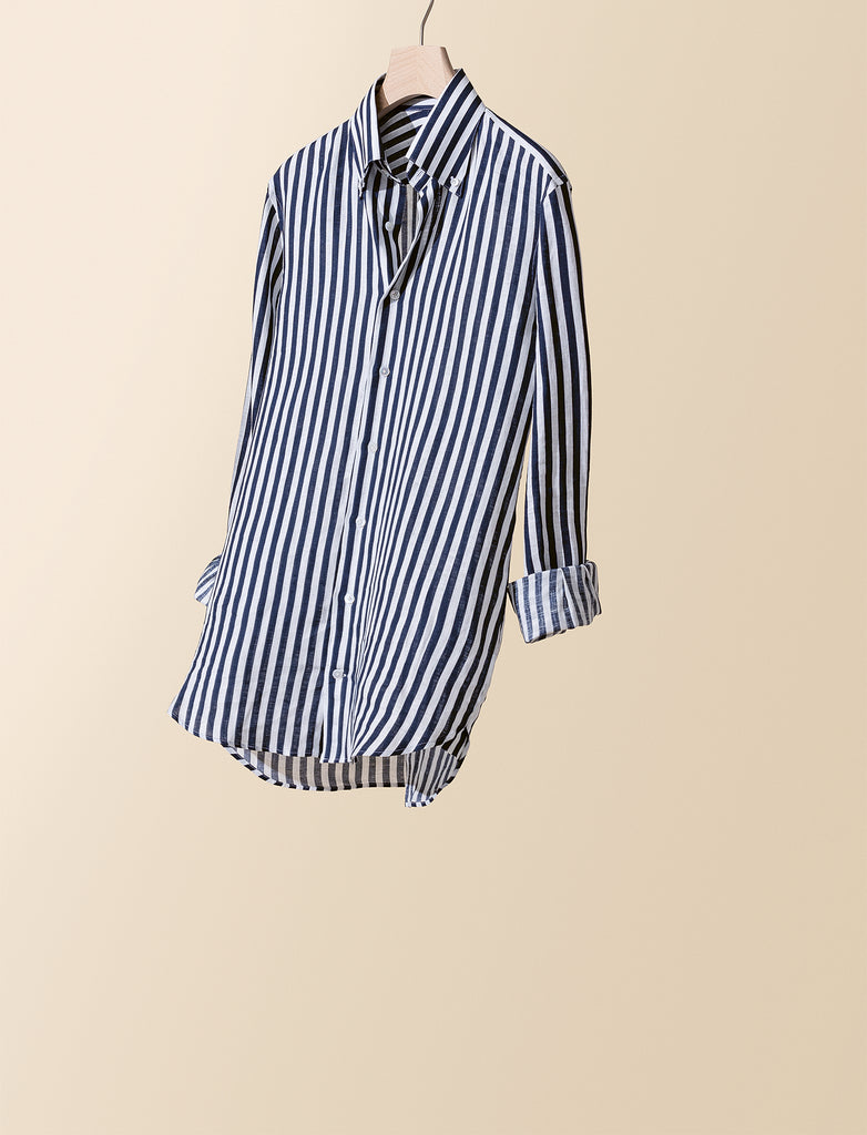 Tessuti Camicie Stampati Pure Linen White with Bold Blue Stripe