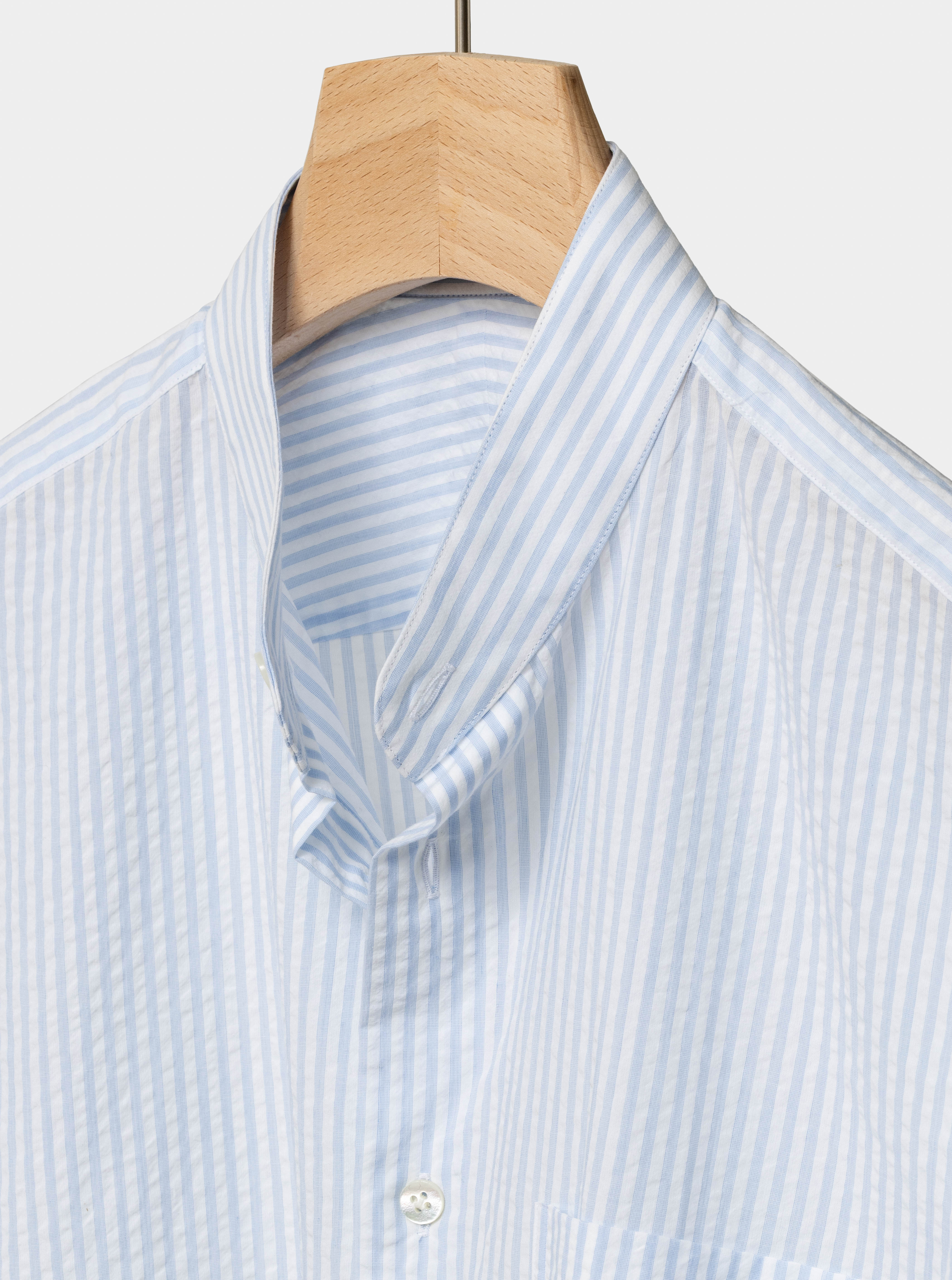 Albini White Cotton Seersucker with Light Blue Stripes