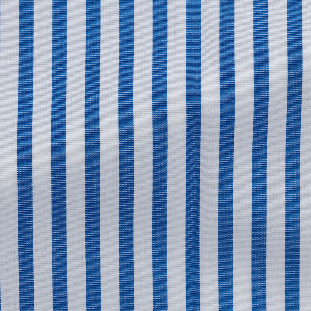 Canclini Two Ply 90/2 Cotton Poplin White with Mid Blue Bold Stripes