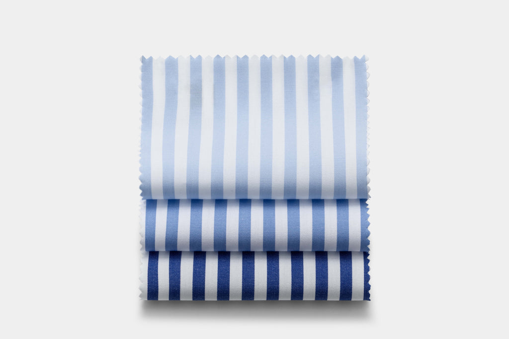 Canclini Two Ply 90/2 Cotton Poplin White with Dark Blue Bold Stripes