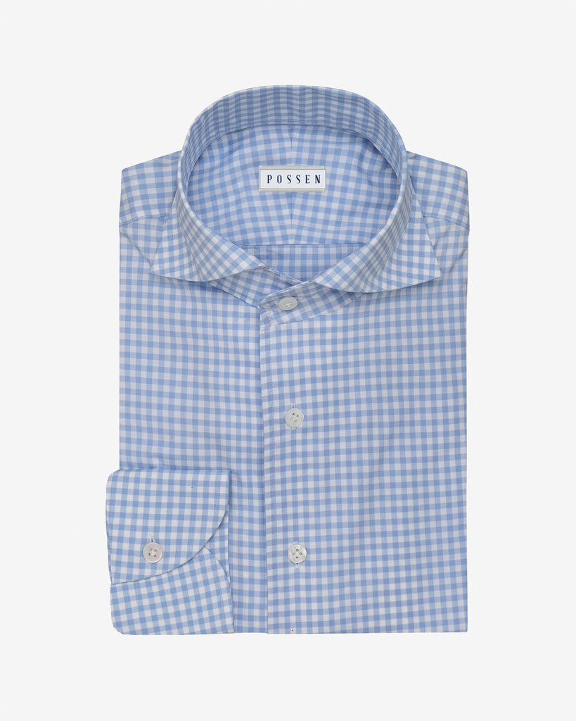 Thomas Mason Lightweight Egyptian Cotton Poplin White with Light Blue Gingham Check