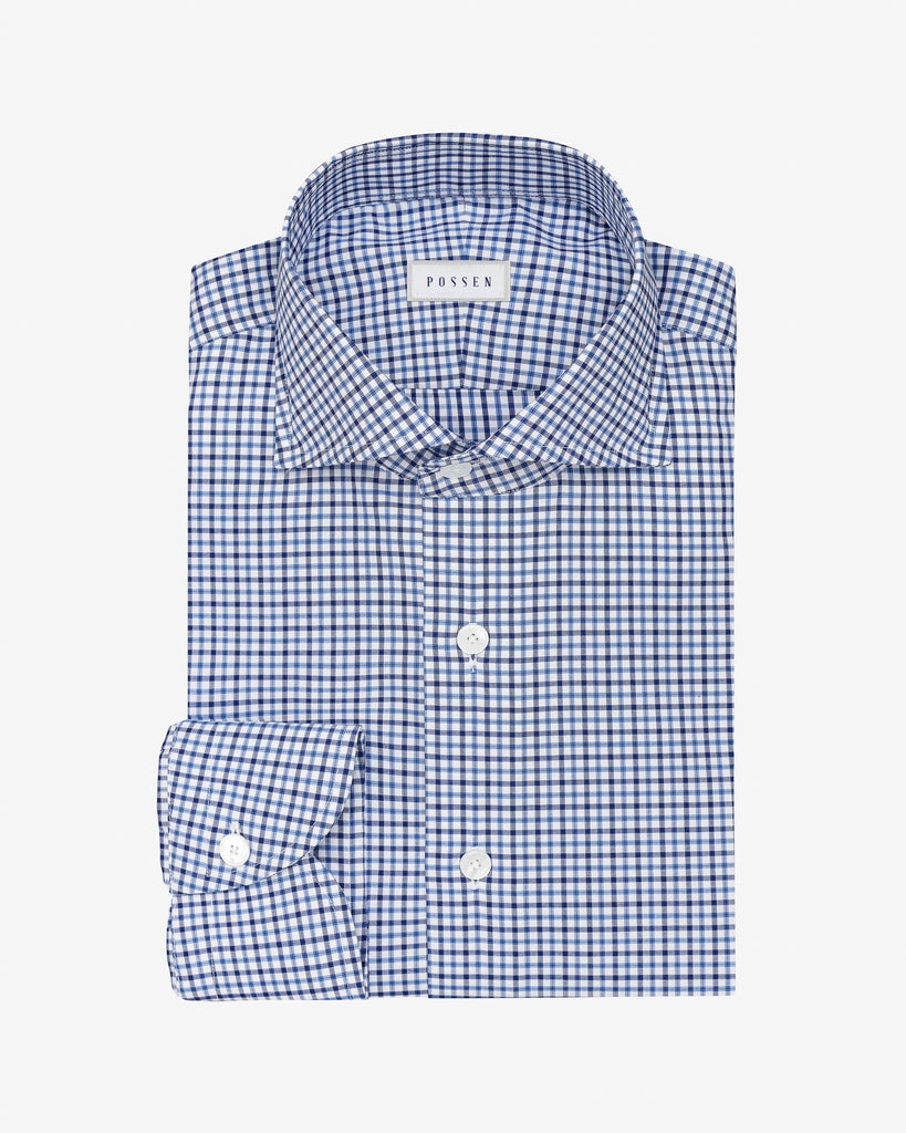 Thomas Mason Lightweight Egyptian Cotton Twill White with Mixed Blue Tattersall Check