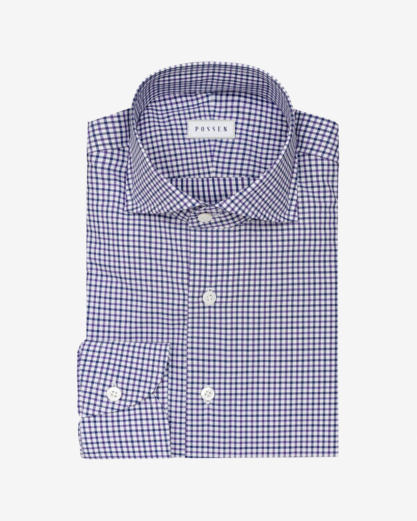Thomas Mason Lightweight Egyptian Cotton Twill White with Purple & Blue Tattersall Check