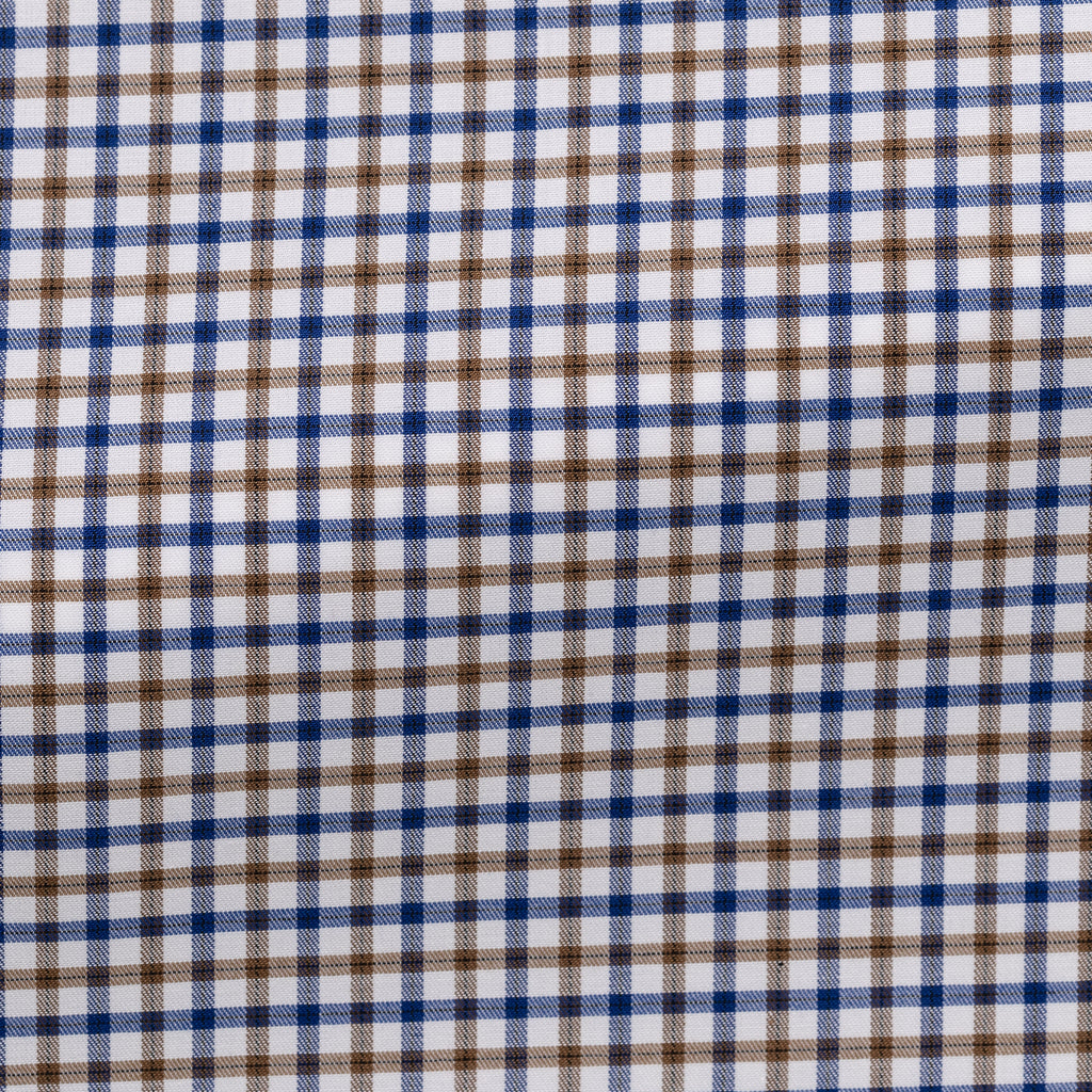 Thomas Mason Lightweight Egyptian Cotton Twill White with Brown & Blue Tattersall Check