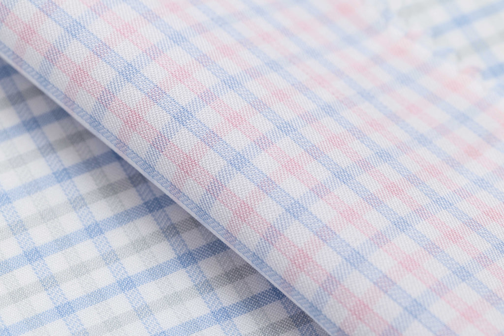 Thomas Mason Lightweight Two Ply 100/2 Egyptian Cotton Royal Twill White with Light Blue & Light Pink Tattersall Check