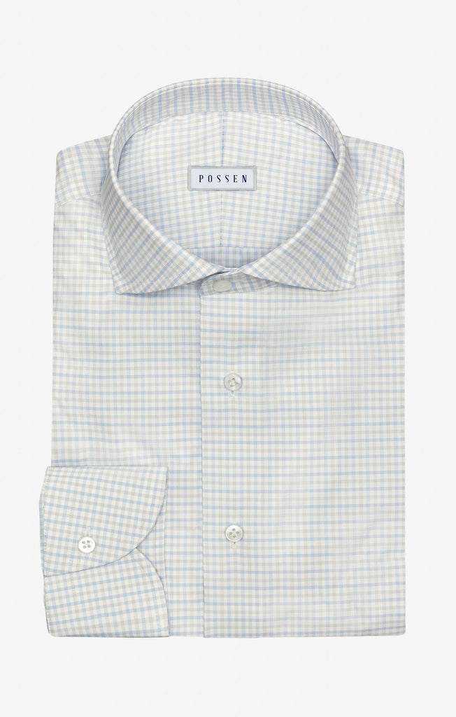 Thomas Mason White with Light Blue & Light Green Tattersall Check Two Ply 100/2 Egyptian Cotton Twill
