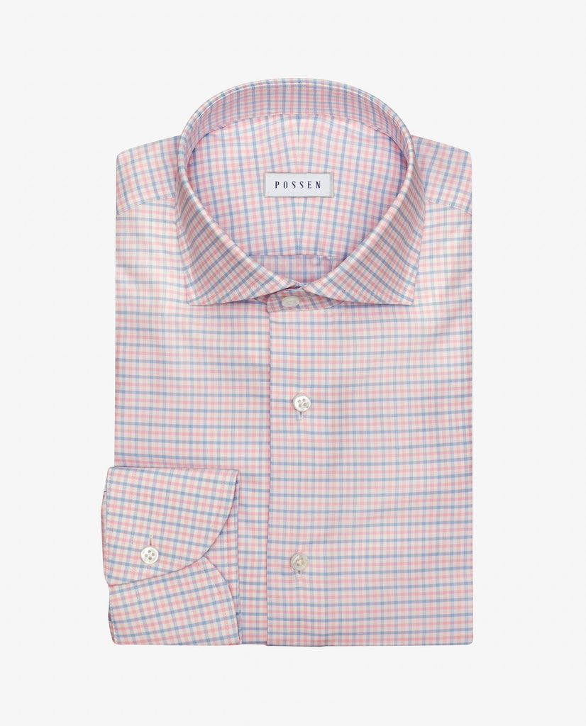 Thomas Mason Lightweight Two Ply 100/2 Egyptian Cotton Royal Twill White with Light Blue & Light Pink Tattersall Check