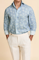 Albiate Lightweight Light Blue Pure Linen with White Tropical Flowers