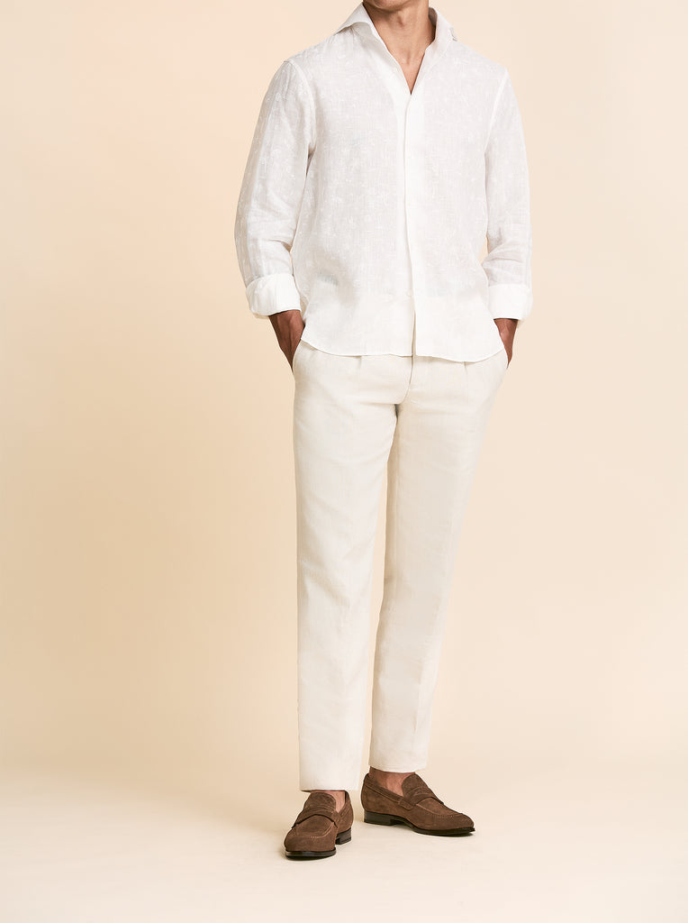 Albiate White Lightweight Pure Linen with Tonal Paradise Print